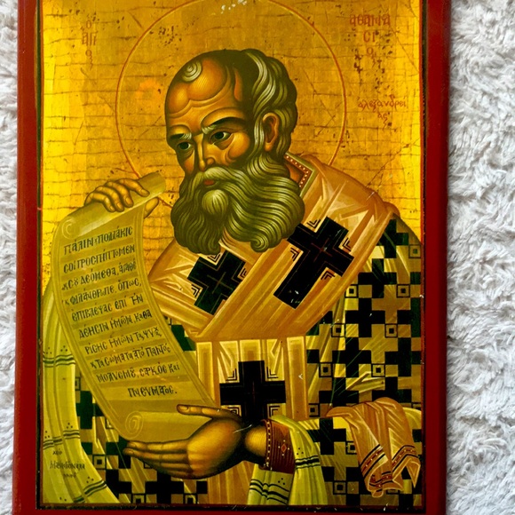 Vintage Greek Orthodox Icon - Saint Athanasius of Alexandria, Solid Wood Plaque - Picture 2 of 10